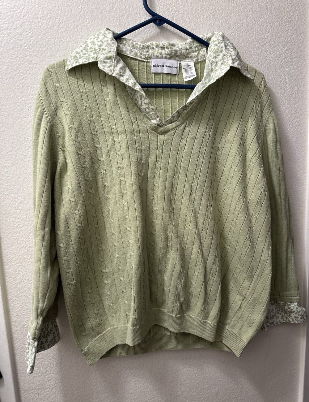 Vintage Alfred Dunner Womens XL Green Cable Knit Collared Floral Sweater